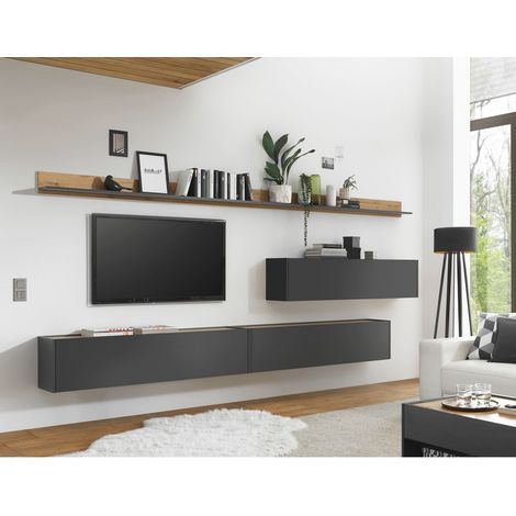 Hängende TV Wohnwand CRISP-61 in anthrazit mit Absetzungen in Wotan Eiche Nb., B/H/T: ca. 340/180/30 cm (1/5)