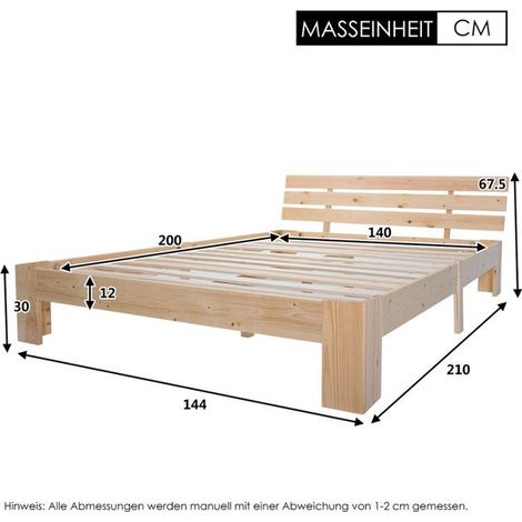 Lit double 140x200 cm - Bois massif - Tête de lit incluse - Design rustique - 2 places (1/5)