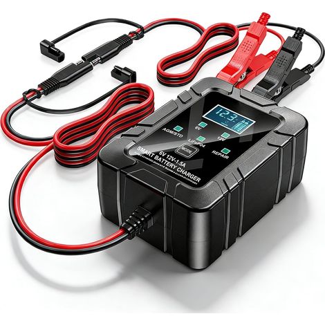 Chargeur de Batterie 6V 12V 1.5A, Chargeur de Batterie de Voiture avec Écran LCD, Mainteneur de Batterie, Chargeur d'entretien pour Voiture, Moto, Tondeuse à Gazon, Bateau, Camion (Prise UE) (1/5)