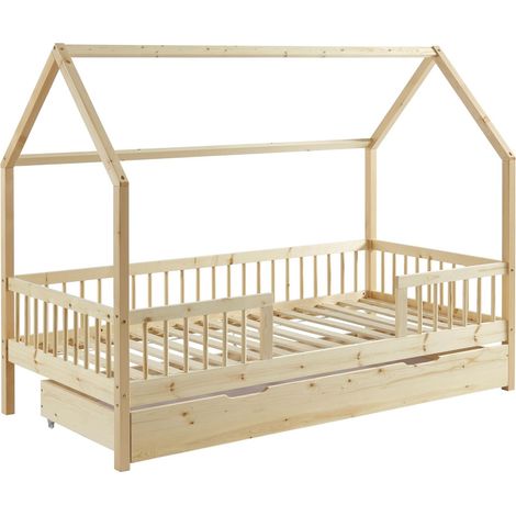 Lit enfant cabane pin Massif 90x190 sommier + tiroir Inclus (1/5)
