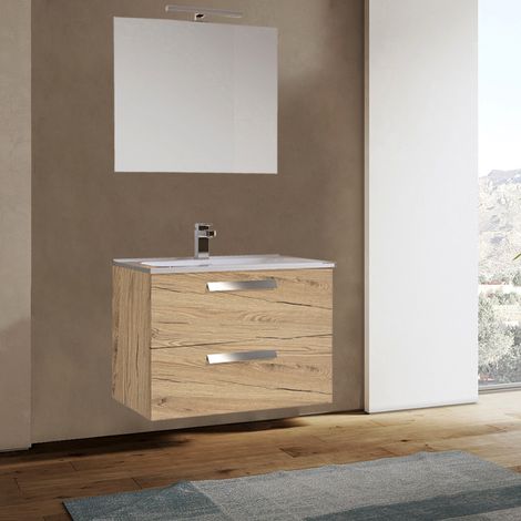 Mobile sospeso bagno 82 cm Quercia Naturale con lavabo e specchio LED - ANGELA1 (1/3)