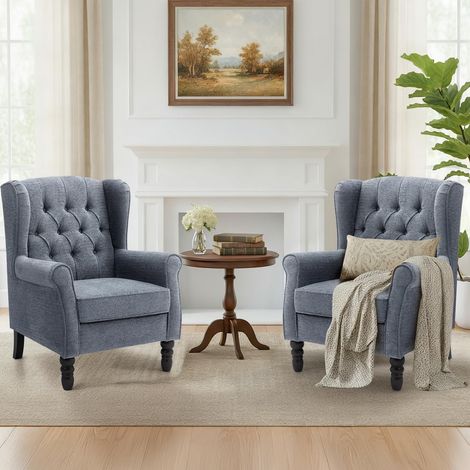 Fauteuil Vintage Mi-Siècle Lot de 2, Fauteuil à Oreilles Rembourré avec Capitonnage Boutonné, Housse en Tissu et Pieds en Bois Massif pour Salon, Bureau, Café - Bleu