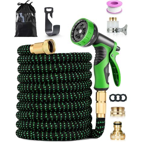 Tuyau d'arrosage extensible de 45 m environ, avec pistolet d'arrosage à 10 fonctions, raccords 1/2" et 3/4", buse cuivrée, crochet et sac de rangement, étanche et anti-torsion, vert. (1/5)