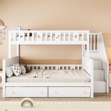 Lit superposé 90x200 avec escalier rangement - pin massif et mdf - 2 tiroirs - barrières - charge 110150kg - blanc (1/5)