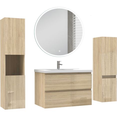 Ocean Ensemble de Meuble salle de bain 79cm + miroir led rond + colonne 110cm + colonne 131.5cm, Chêne Haut Brillant