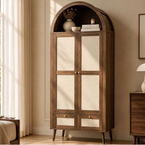 Armoire 2 portes, 2 tiroirs, penderie, niche, 80x55x180 cm, noyer/beige, OKMYHOME (1/5)