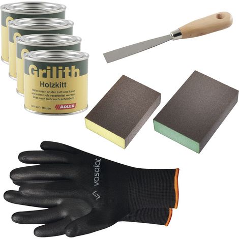 Grilith Holzkitt - Reparaturpaste Spachtelmasse, ideal zur Holzreparatur mit Schleifblöcke K220 & K320 und Spachtel, Eiche/Buche/Ahorn/Esche 4x200ml (1/4)