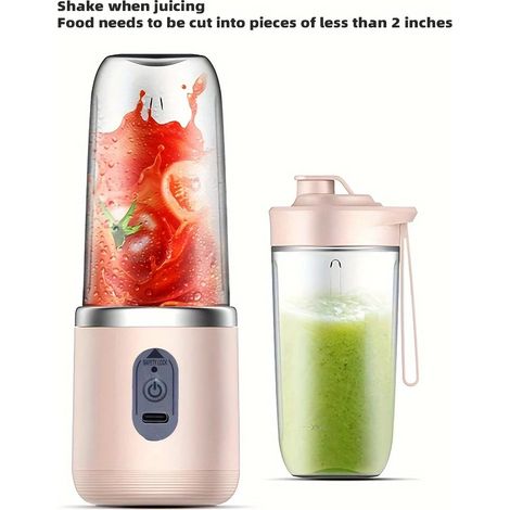 Blender électrique portable 400 ml, mini mixeur à jus sans fil rechargeable avec 6 lames et double bol pour smoothies, légumes et fruits, commande par bouton-poussoir, chargement USB-C, ABS de qualité (1/5)
