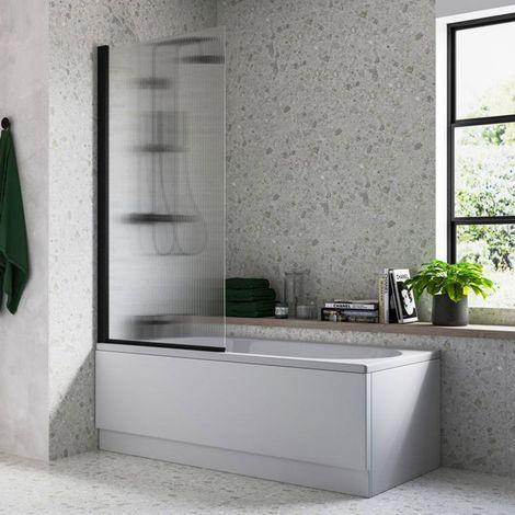 Signature Fluted Single Matt Black Square Hinged Bath Screen 1500mm High x 800mm Wide - 5mm Glass (1/2)