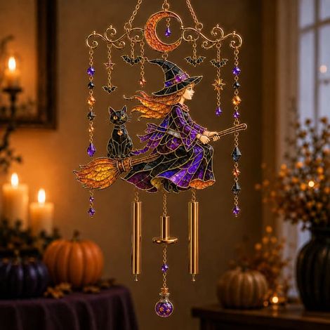 Carillon d'Halloween en vitrail, attrape-soleil en acrylique avec motif fantôme, chat, lune et sorcière, 20/30 cm E 20 cm (1/5)