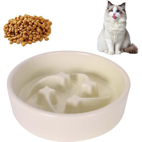 Ceramic Cat Bowls, 16 x 4.2 cm Slow Feed Bowl, Anti-Glutton Bowl with Meteor Pattern, Easy Clean Cat Bowls for Cats and Dogs (White) (1/5)