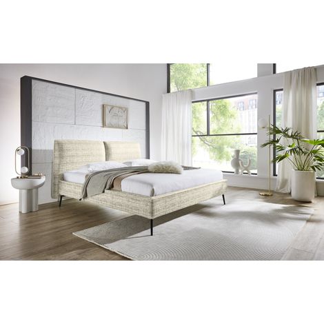 Meise Möbel Polsterbett Infinity 200x200 cm Doppelbett Bettgestell Kopfteil in Kissenoptik Webstoff Sand Metallfuß schwarz (1/5)