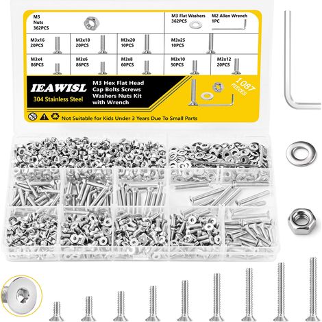1087 Pièces Coffret Boulons et Écrous M3, Vis à Tête Fraisée avec Écrous et Rondelles, Assortiment en Acier Inoxydable pour Réparation et Bricolage, Clé Incluse (1/5)