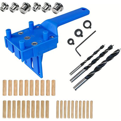 Guide de Percage Réglable Gabarit de Percage Charniere Gabarit de Trou de Poche 6/8/10mm Guide de Menuiserie de Percage Gabarit de Goujon Guide Bleu (1/5)