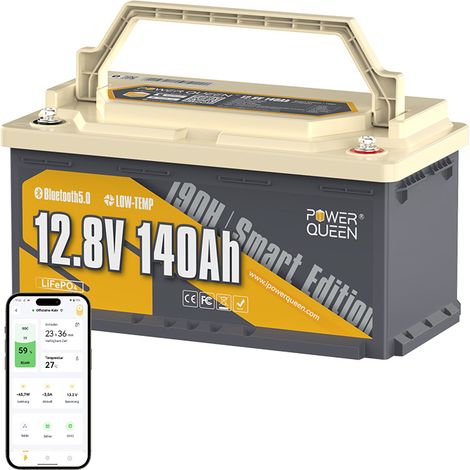 Power Queen – Batterie lithium 12V 140Ah 1792Wh LiFePO4 – Compatible Bluetooth 5.0 – Protection BMS contre surcharges et températures extrêmes – Pour camping-car et solaire - Hauteur188mm