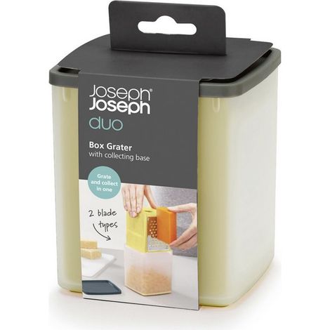 Reibe de Box mit Basis de Sammlung Joseph Joseph Duo - Edelstahl, grobe und feine Reiben, Basis mit Führung de Messung, rutschfeste Füße, einfache Lagerung.