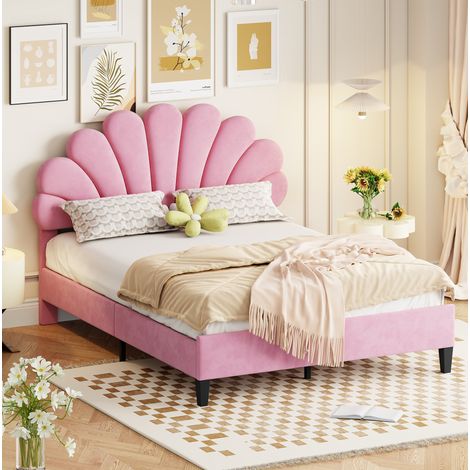 Bett 140x200 cm rosa gepolstert aus Samt mit Blumen-Kopfteil und Lattenrost (1/5)