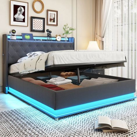 Cama 140x190 - Cama Cofre Hidráulico - Cabecera de Cama Lino Gris - USB y LED - 2 Plazas
