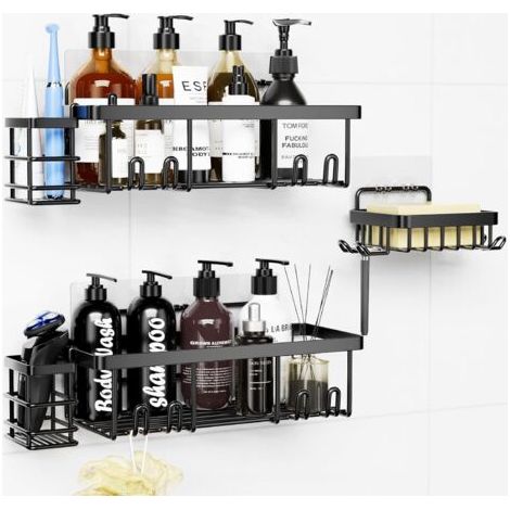 Etagere Douche Sans Percage, Etagere Salle de Bain Accessoire Étagère Douche Sans Perçage Acier Inoxydable 304, 5 Pièces Noir Etagere Rangement