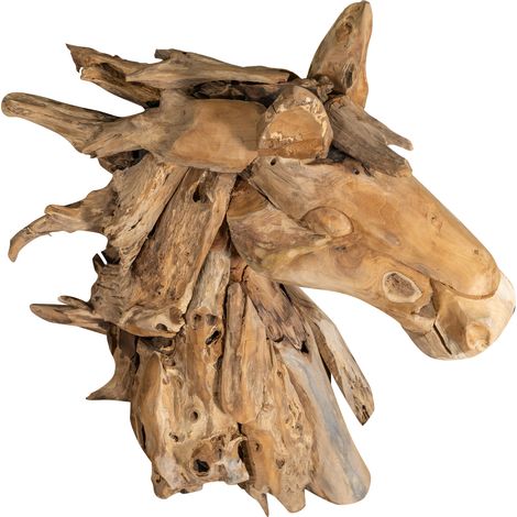 Sculpture in the shape of a horse's head in teak wood brought back from the sea