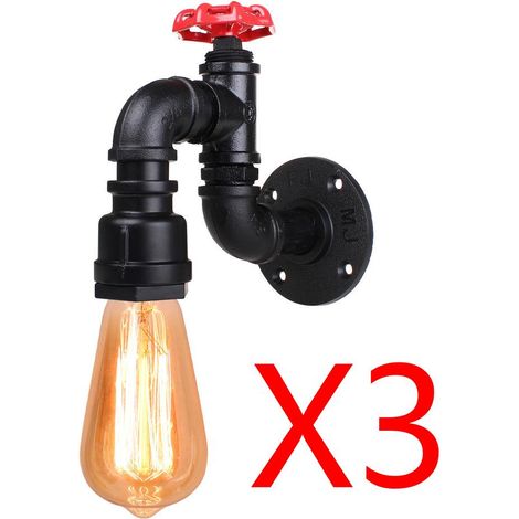 3X Apliques de Pared Interior, Vintage Lámpara de Pared Tubería de Agua, Creativo Iluminación Hierro Art Decor Luz E27 Base para Dormitorio Cocina Comedor Cafe (Negro)