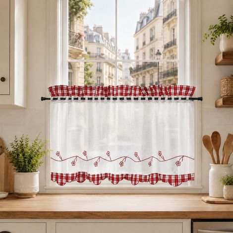 CCYKXARideau Cuisine Court, Rideaux Brise-Bise Transparent Broderie Rouge HxL 45x90cm pour Intérieur, Salle à Manger, Chambre, Fenêtre (1/5)