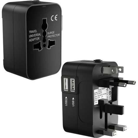 Universal travel adapter with 2 USB ports – 110-240V AC outlet – Compatible with UK, USA, EU, and AUS – Simultaneous charging of multiple devices (1/5)