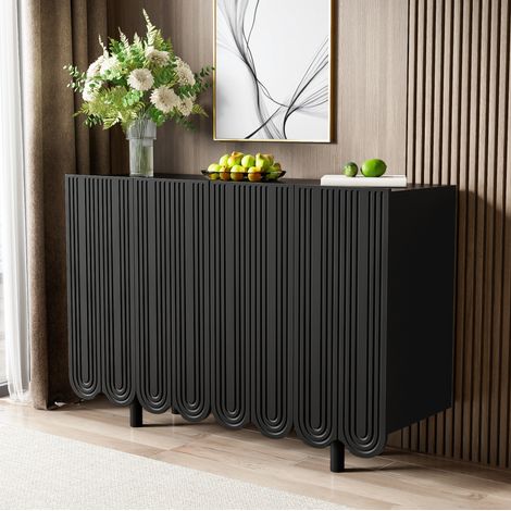 Buffet 120x37.5x80.8 cm noir en MDF à 4 portes sculptées avec charnières amorties (1/5)