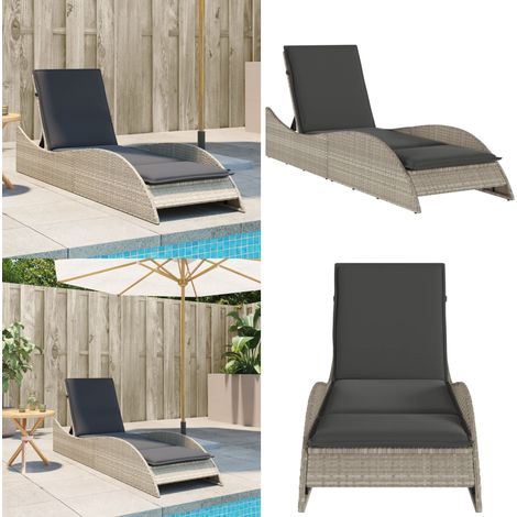 Chaise longue avec coussin gris clair 60x205x73 cm poly rotin - Chaises Longues - Chaises Longues Pliantes - Transats - Lit De Bronzage - Mobilier De Jardin - Home & Living