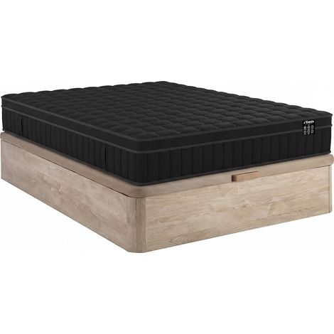 Ensemble 140 x 190 cm sommier coffre naturel clair + matelas hybride ressorts ensachés 7 zones, gel à mémoire de forme et coutil noir ép.25cm - TOLCA de YSMÉE (1/5)