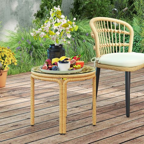 Table d'appoint en résine tressée ronde, table basse de jardin avec plaque verre, facile à nettoyer Ø 50 x 44 cm, jaune