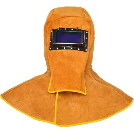 – Casque de soudage cuir de vachette – Protection intégrale avec drapé d'épaule – Lentille à assombrissement automatique – Confort ergonomique