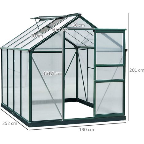 Serre avec fenêtre de toit, porte coulissante, transparente, polycarbonate et aluminium, 190 x 252 x 201 cm (1/5)