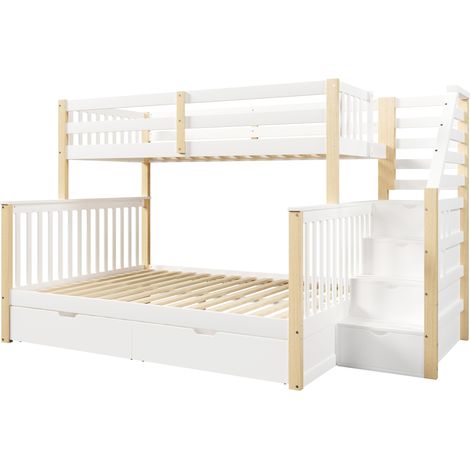 Litera infantil 90x200 arriba 140x200 abajo con cajones y escalera blanco natural (1/5)