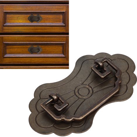 Tirador de cajón chino antiguo, de latón con decoración floral, 12,8 x 7 cm, estilo vintage, montaje con 2 tornillos, librería de bronce (1/5)