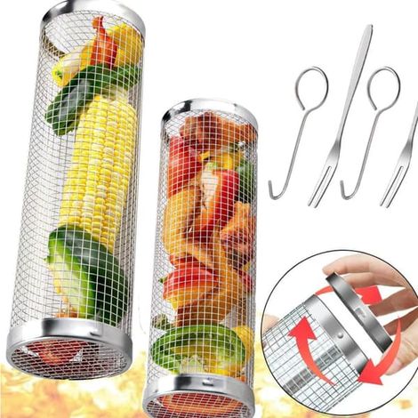 Filiyano-Paniers à griller à roulettes pour barbecue en extérieur, panier à griller en acier inoxydable, panier à griller à roulettes (2 pièces) (1/5)