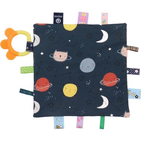Couverture de sécurité pour bébé avec étiquettes, douce et mignonne, motif spatial, avec anneau de dentition et jouet sensoriel (1/5)
