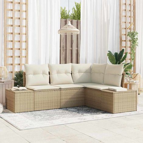 Gartensofa-set mit Speicher 4 pcs Beige und Creme Poly-Rattan