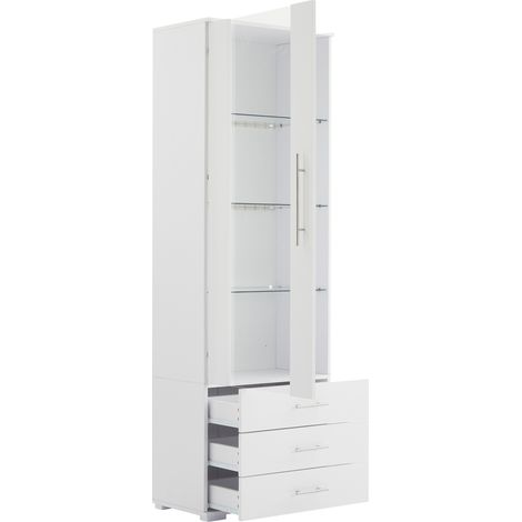Vitrine blanche laquée haute avec LED, 1 porte, 3 tiroirs, 60 x 35 x 180 cm (1/5)