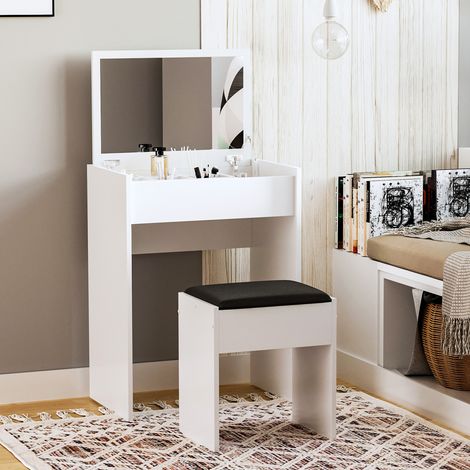 Schminktisch mit Klappspiegel, modernem Schminktisch, Hocker, 10 Fächern, weißem MDF, 60,2 x 40,2 x 79 cm