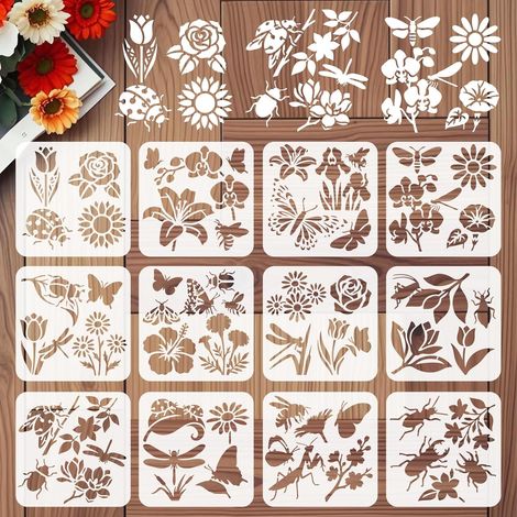 Lot de 12 pochoirs muraux réutilisables en forme de fleur et d'insectes, 20 x 19 cm, pochoirs muraux botaniques pour la fabrication de cartes, meubles en bois de ciment, chambre d'enfant (1/5)