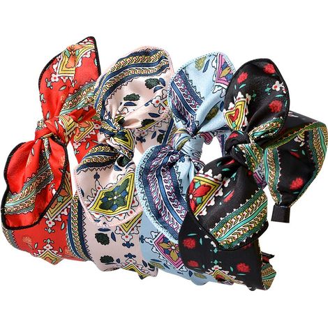 Headband - Bunny Ears Bow Knot Turban Style - Elastic Plastic Hoop with Fabric Wrap - For Women and Girls - 4 Pieces (1/5)