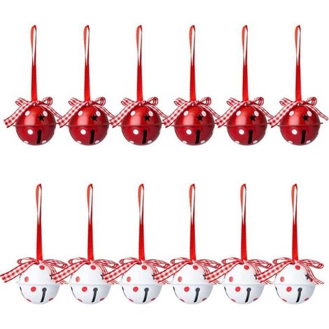 Set of 12 Christmas bells and jingles, Christmas tree decorations, dotted pattern, hanging ornaments, red and white jingles, (1/3)