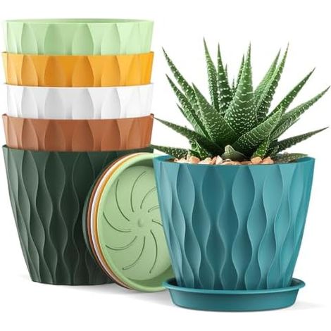 6er Set Blumentöpfe 10cm – Waffelmuster mit Untersetzer, Plastik mit Löchern, für Sukkulenten, Innen & Outdoor, für Balkon & Garten, Bunt