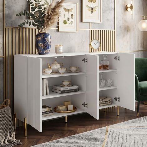 Creahappy Buffet Enfilade 120x35,5x80 cm Meuble à Chaussures 3 Portes Rainurées - Gain de Place - Pieds Métal Doré Charnières Amorties - Blanc (1/5)