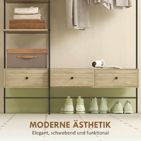 Porte-manteaux avec étagères, tiroirs et barre de penderie, 180 cm, support à vêtements autoportant design moderne, cadre en métal, chêne (1/5)