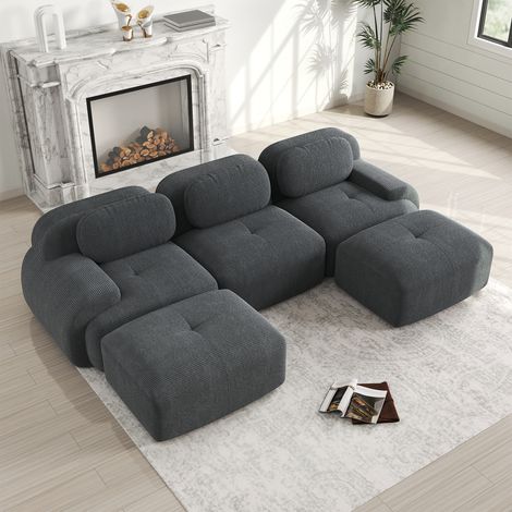 U-förmiges modulares Cordsofa, 32D-Elastik, rutschfeste Basis, abnehmbare Fußstütze, haustierfreundlich – Wohnzimmer/Büro, Grau