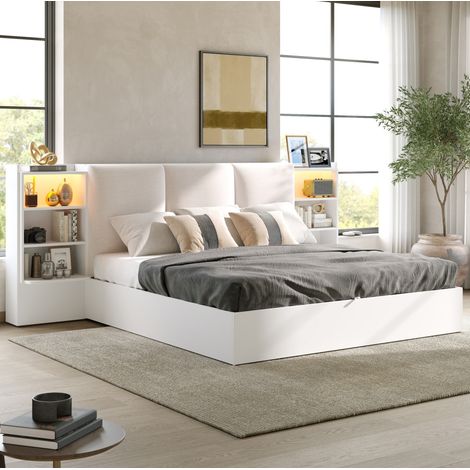 Letto contenitore 180x200 cm con testiera imbottita, illuminazione a LED, 6 vani contenitore e vano contenitore idraulico, MDF e compensato - bianco (1/5)