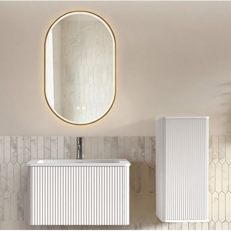 Meuble vasque mural 80 cm en MDF blanc avec miroir LED, rangement – MEUBLIV (1/5)