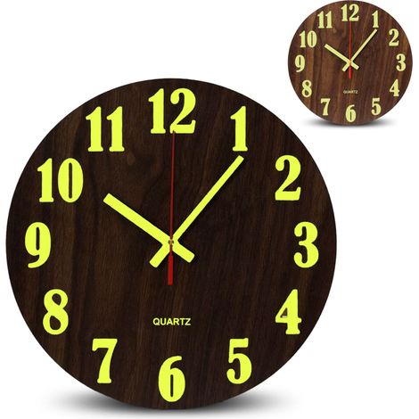 Fishtec – Horloge murale Ø 25 cm en MDF et métal – Mécanisme à quartz silencieux – Chiffres fluorescents pour lecture nocturne (1/5)